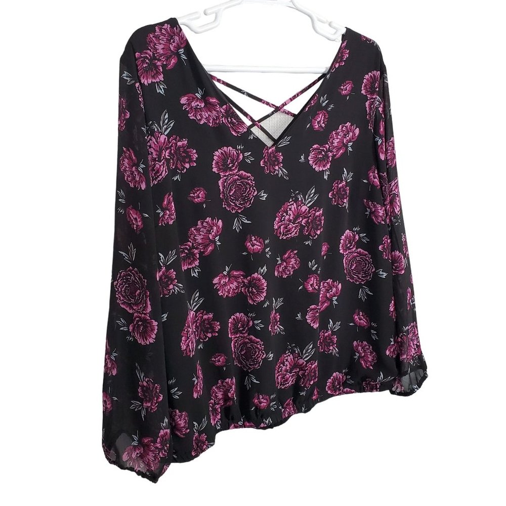 Torrid 4 Sz 4X Blouse Pullover Flowy Floral Long Sleeve Criss Cross Back Purple - Picture 1 of 10